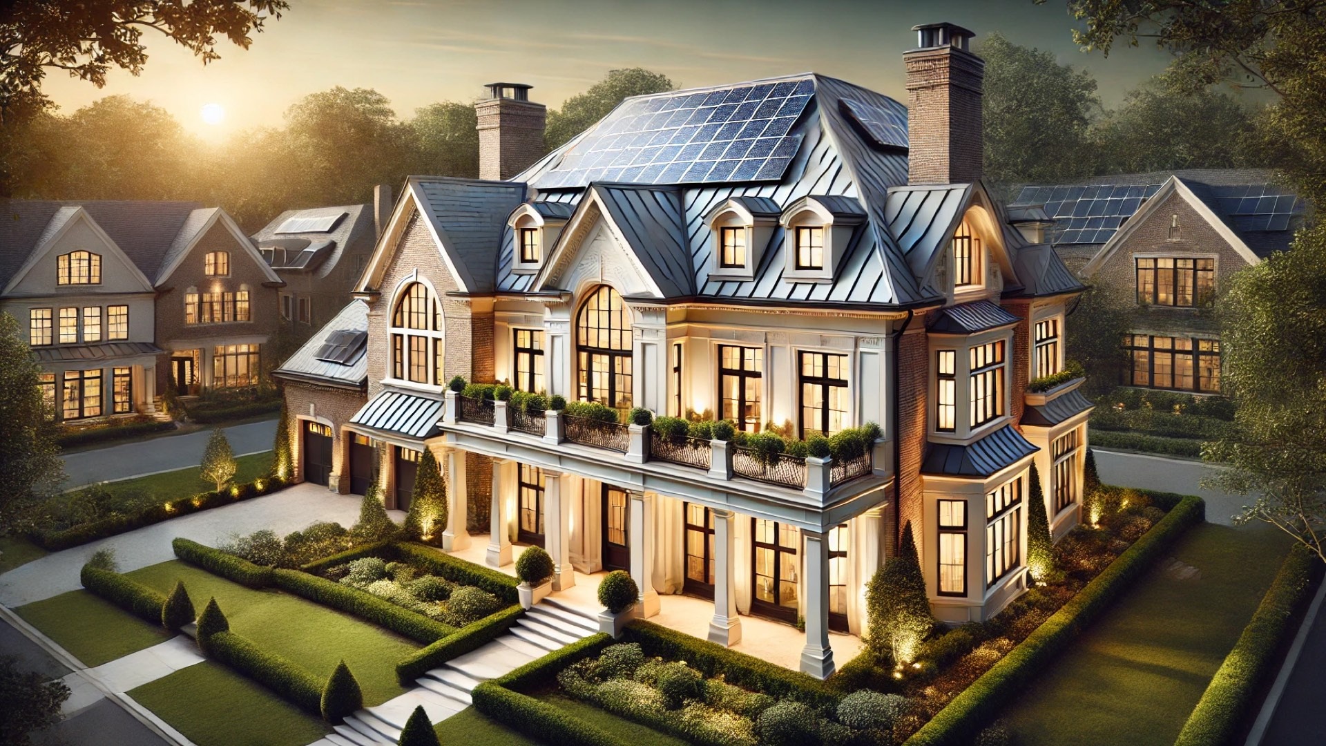 luxury historic-style home featuring a modern TPO roof in an upscale, eco-conscious setting