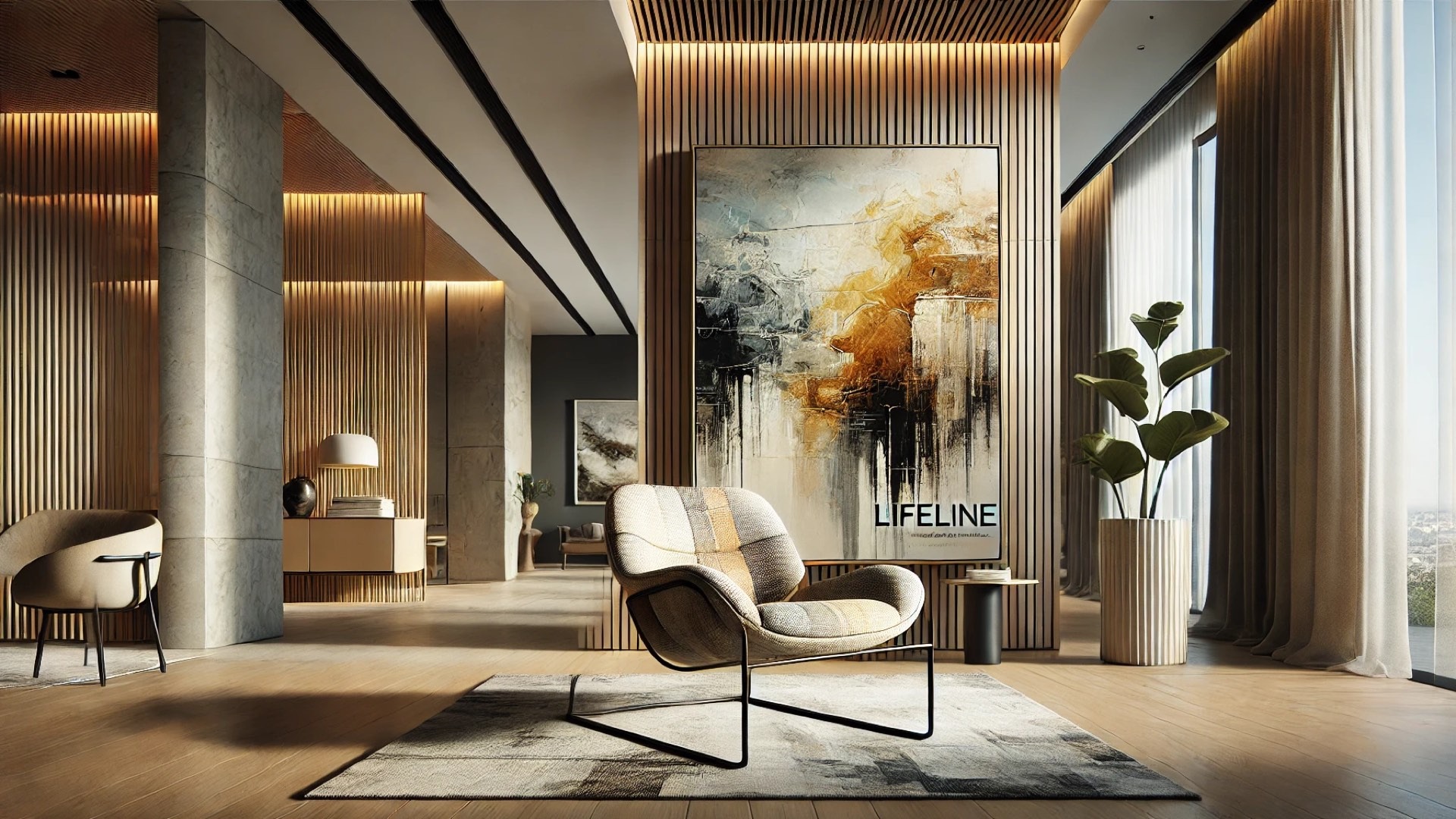 illustration inspired by the Lifelines collection and Lifeline Chair, blending abstract art with functional furniture in a modern interior