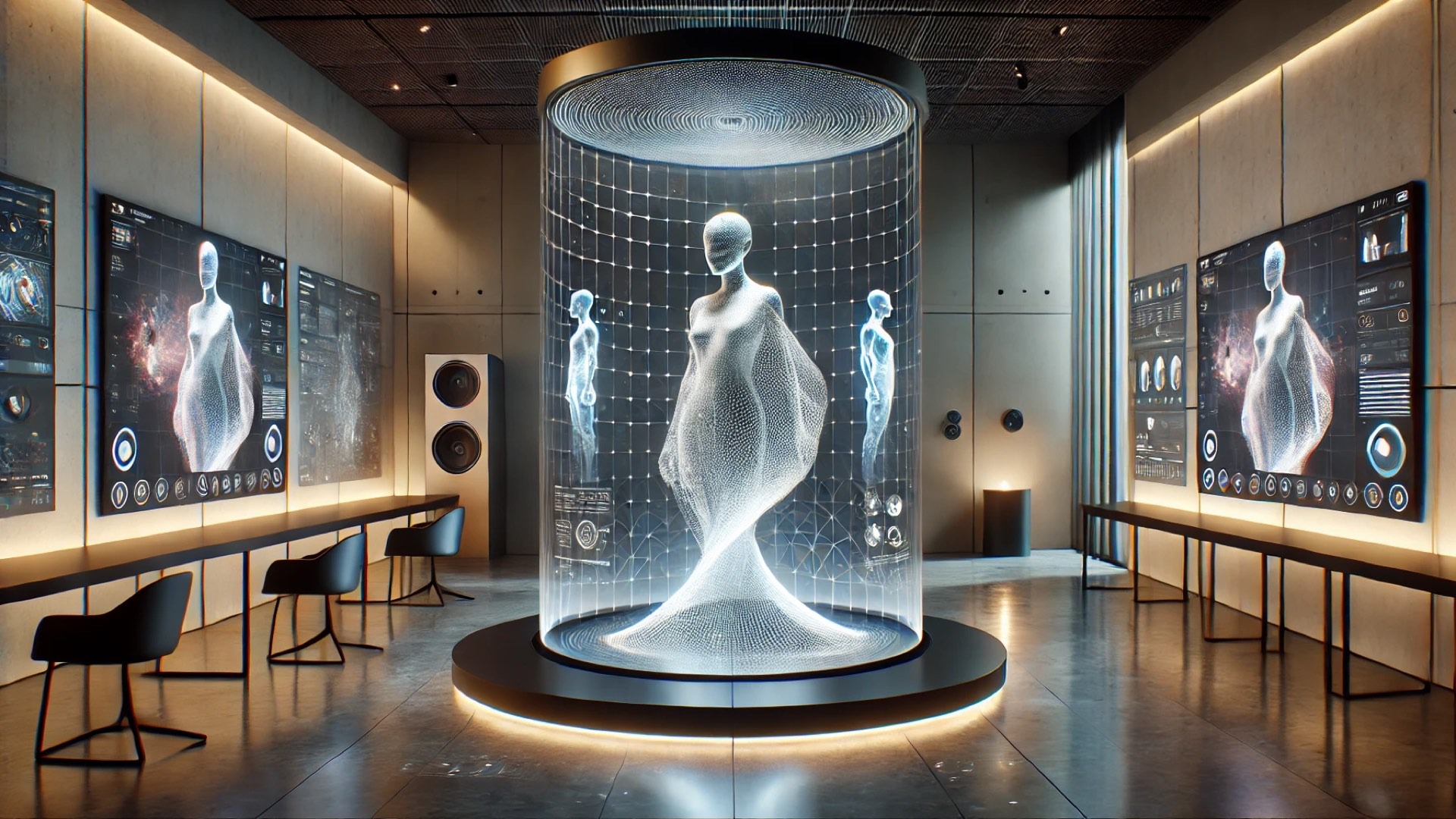 illustration of the HoloSculpture concept—blending technology, art, and immersive design within a modern interior