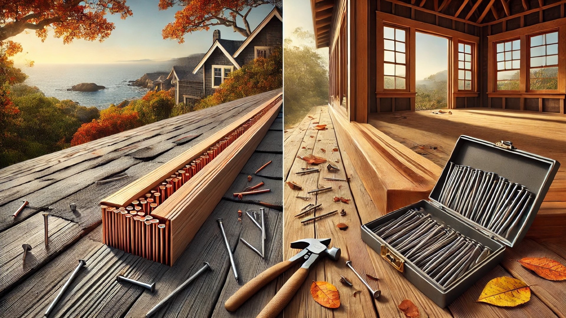 capturing the detailed comparison between coppered nails and bronze nails in a home maintenance setting