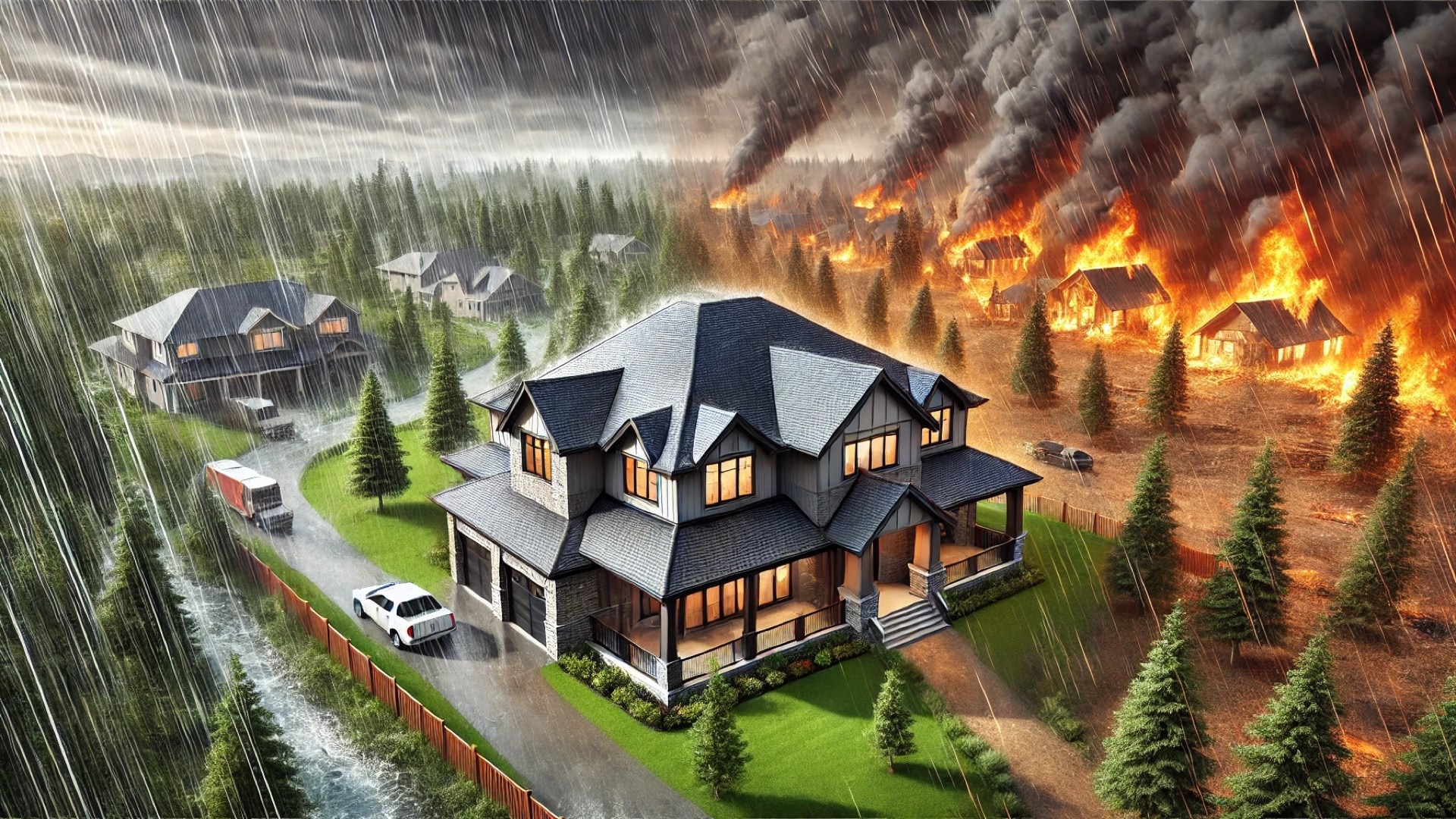depicting the resilience and aesthetic appeal of a DECRA metal roof during extreme weather scenarios