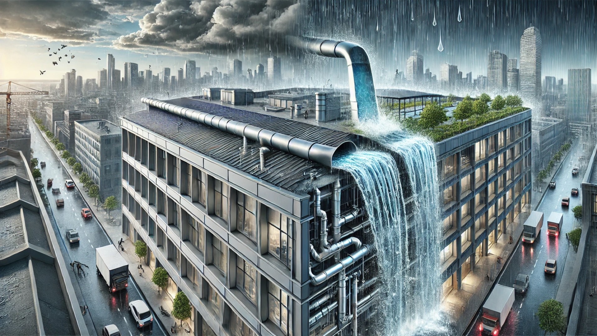 highlighting contrasting commercial roof drainage systems—gravity versus siphonic—during a heavy rainstorm