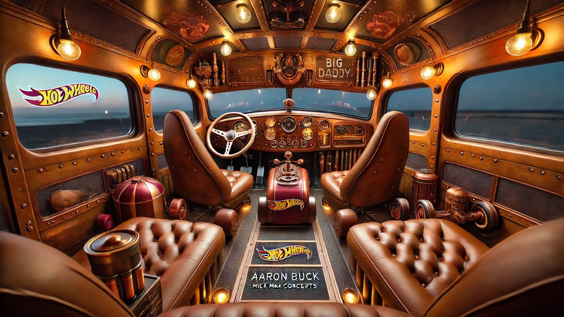 interior view of the Cab Over Evolved truck, showing off its rich leather seating, copper detailing, and toy-inspired design flair