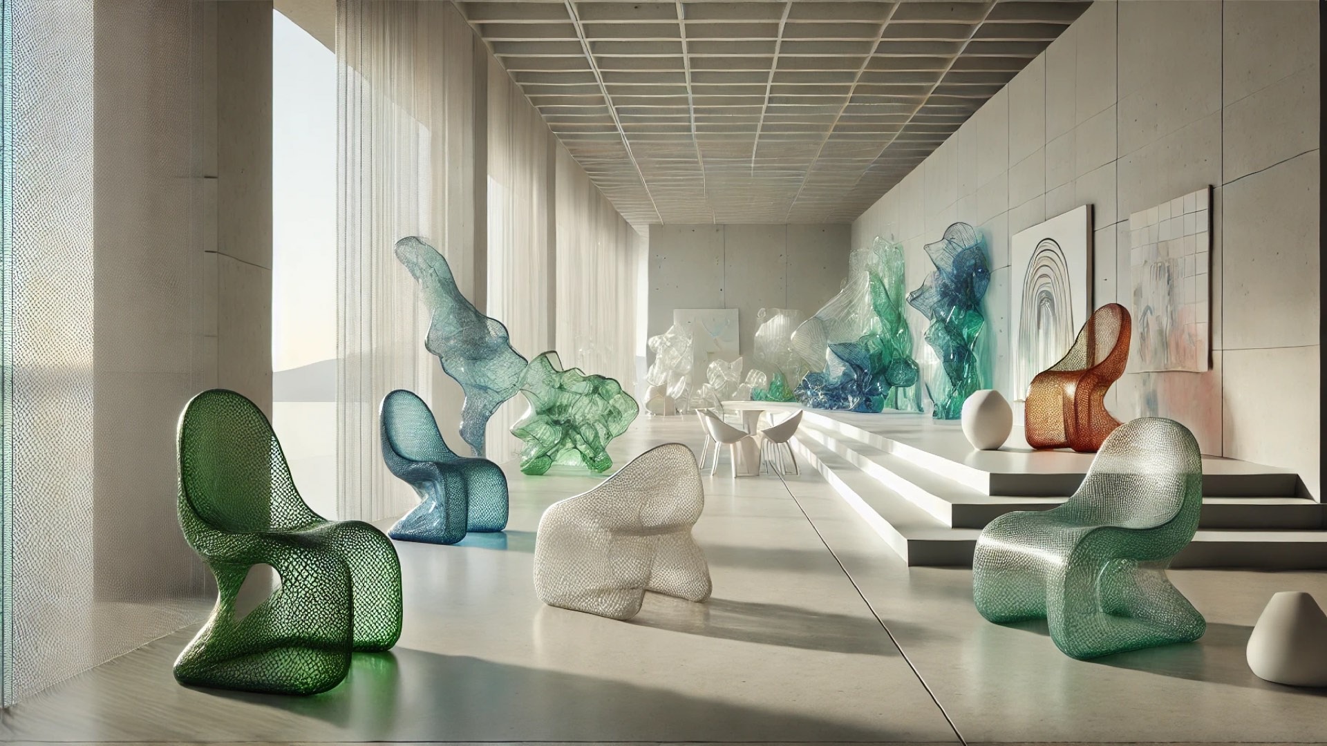 Permanent Souls concept, highlighting sculptural furniture crafted from repurposed polypropylene nets in an elegant, gallery-style interior