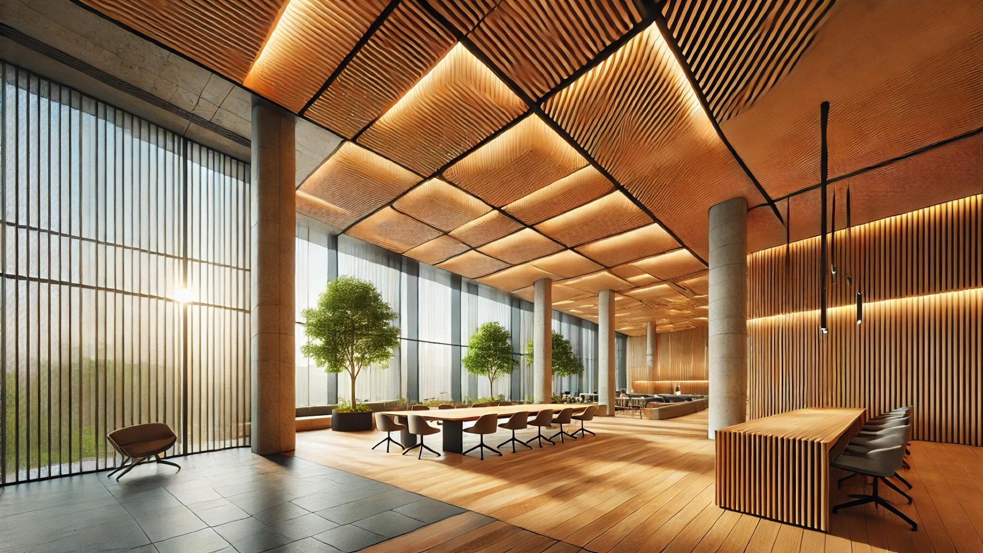 sustainable wood interiors featuring ceiling panels, biophilic design, and modern detailing