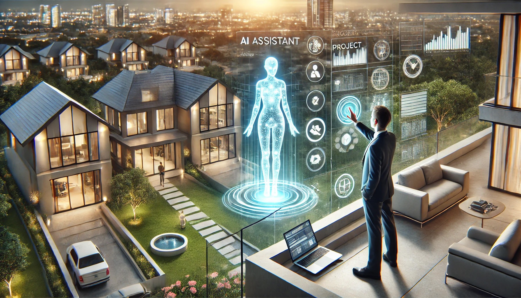 capturing the integration of futuristic AI technology with luxury residential property management