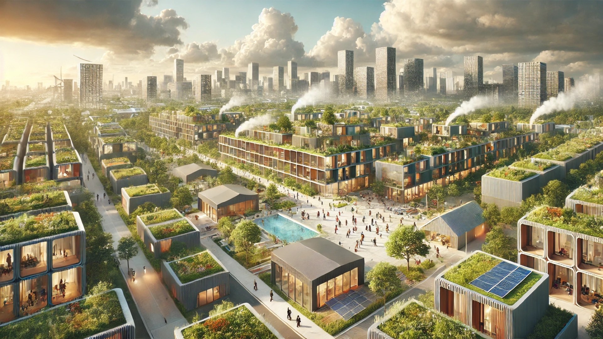 showing visionary, sustainable urban architecture from a dramatic elevated perspective