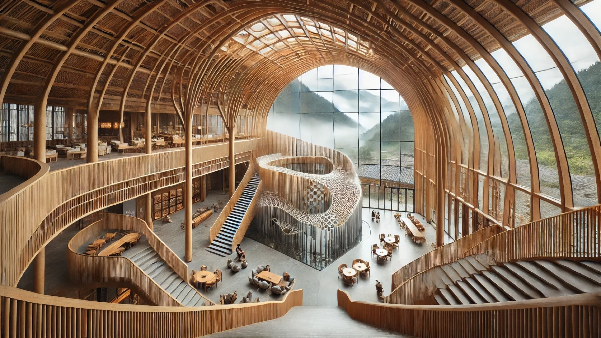 Linpan Cloud Eye community center—showcasing the warm bamboo textures, flowing architectural forms, and serene, nature-integrated design