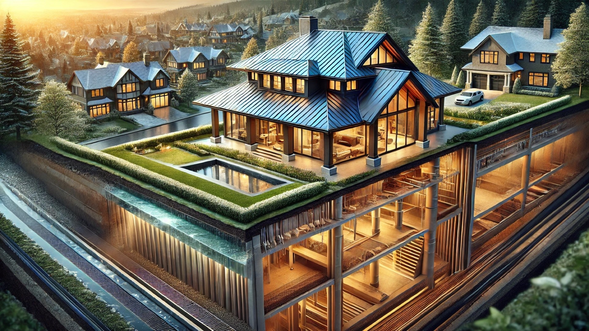 showcasing the relationship between a luxury home's metal roof and its foundation, emphasizing water management and architectural elegance