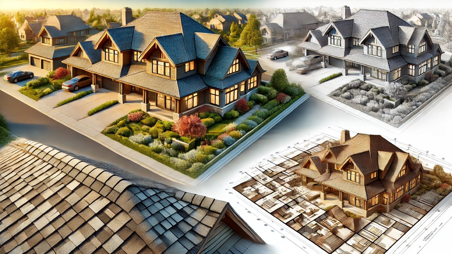showcasing composition shingle roofing in an isometric cutaway style