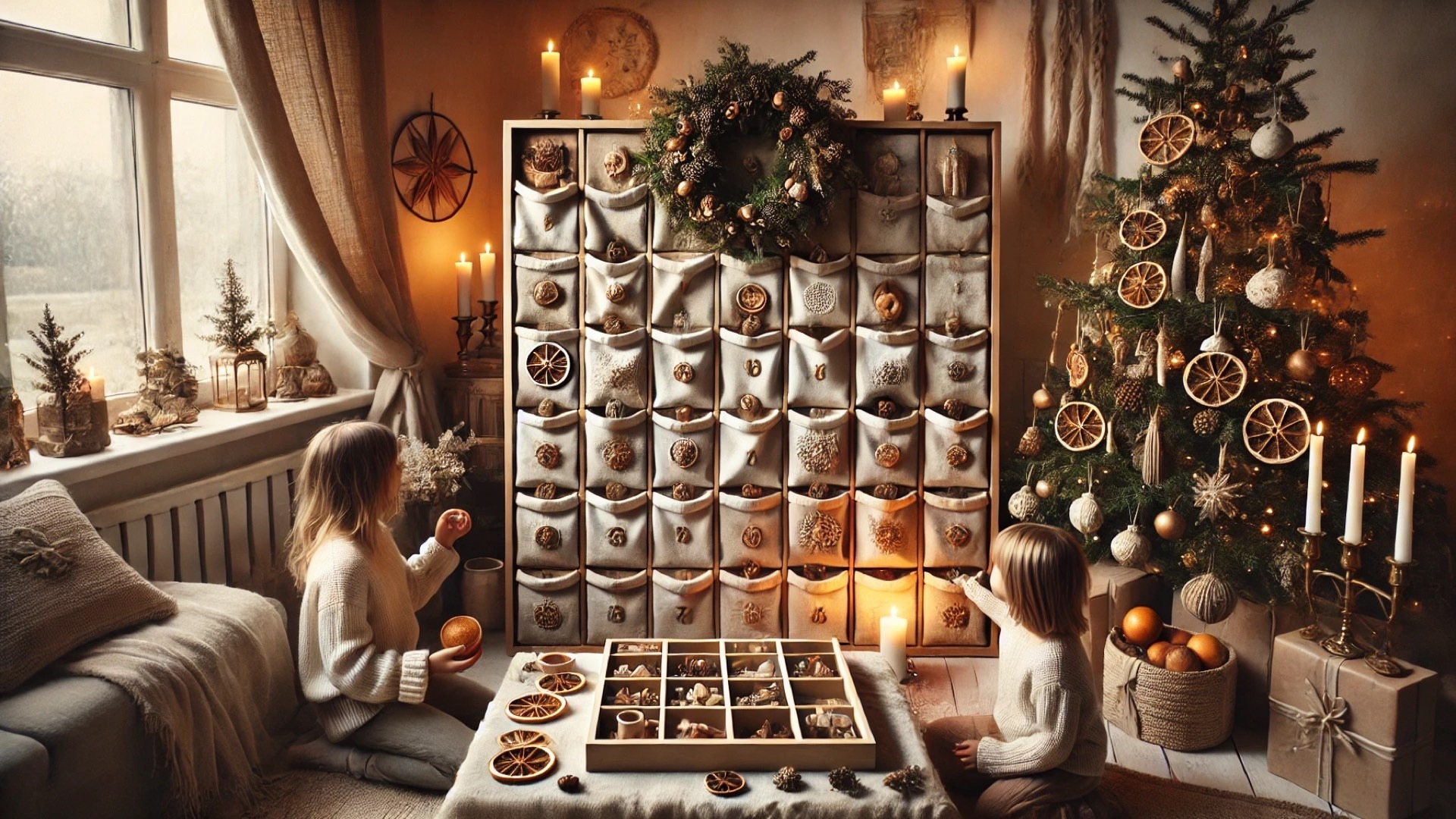 eco-friendly advent calendar scene, emphasizing craftsmanship and sustainability