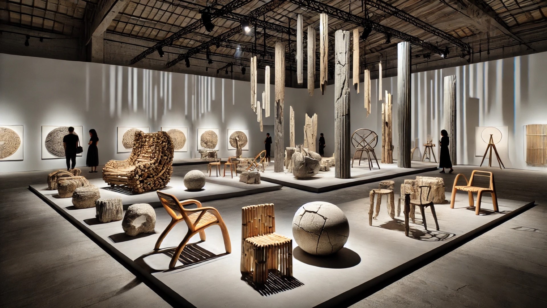 Dionysios’s Precarious Design series, highlighting the fragile yet resilient beauty of repurposed materials in a gallery setting