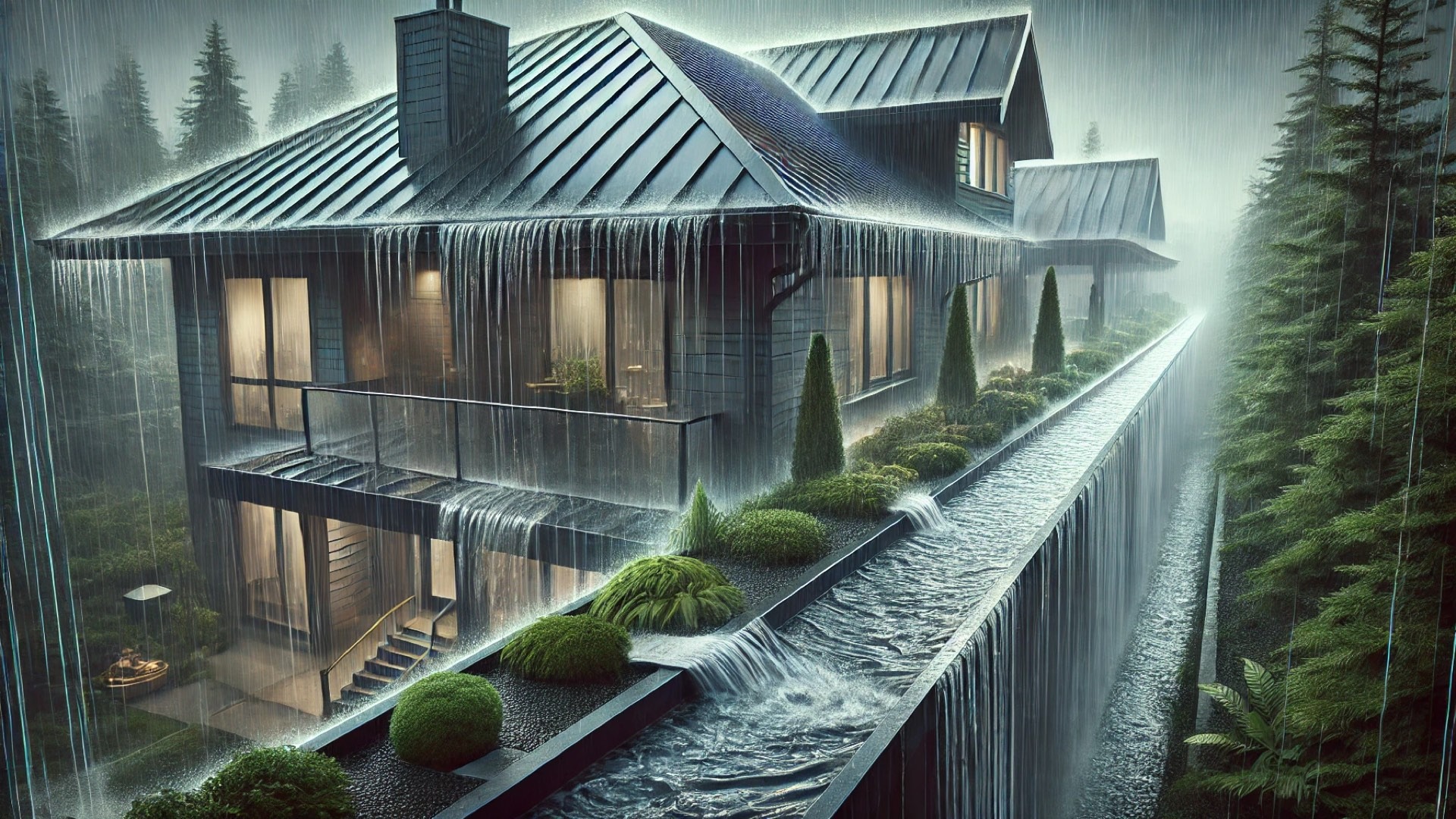 Canadian home in heavy rain, with its metal roof, gutters, and sustainable drainage system working in harmony