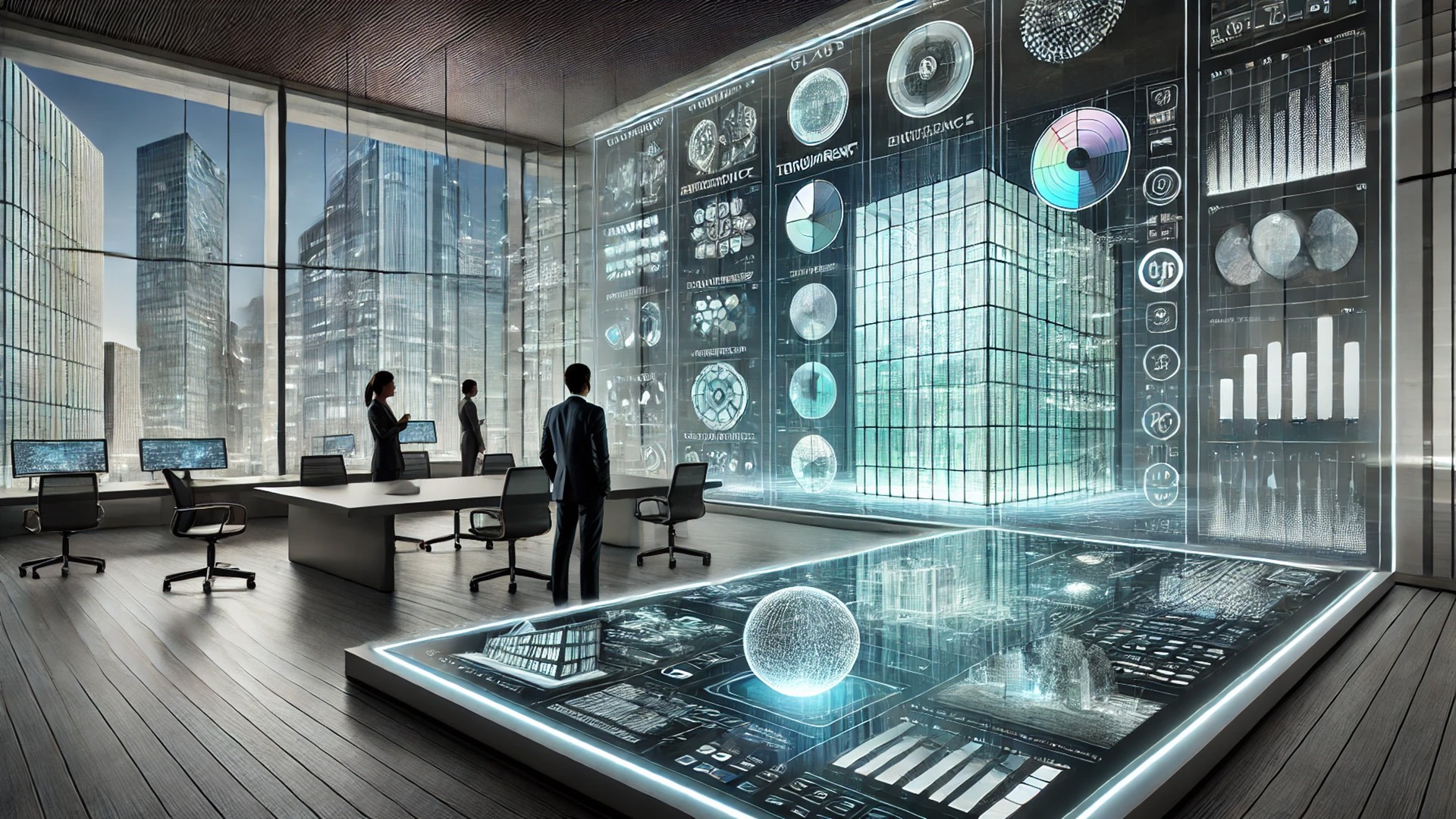 futuristic design studio, showing architects collaborating with an AI assistant to select sustainable glass solutions