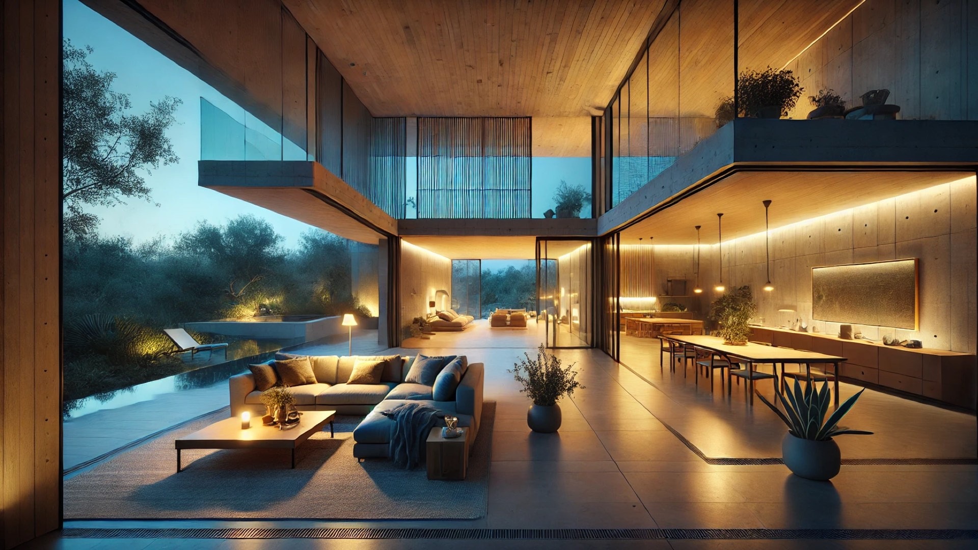 twilight interior perspectives of the Alba & Oriol House, showing the warm glow of artificial lighting blending with the cool evening tones outside