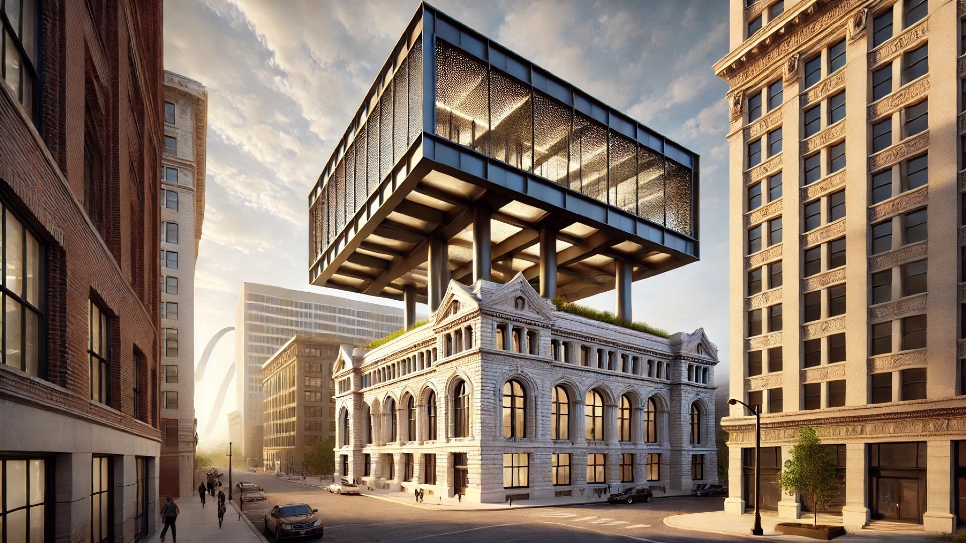 Fluxwork above the Columbia Building, showing the historic Romanesque base with the floating modern office structure above