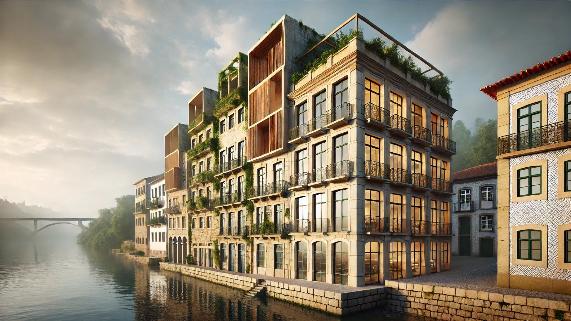 Riverside Condominium in Santa Comba Dão, showing how the design preserves the building’s historic essence while integrating modern sustainable features