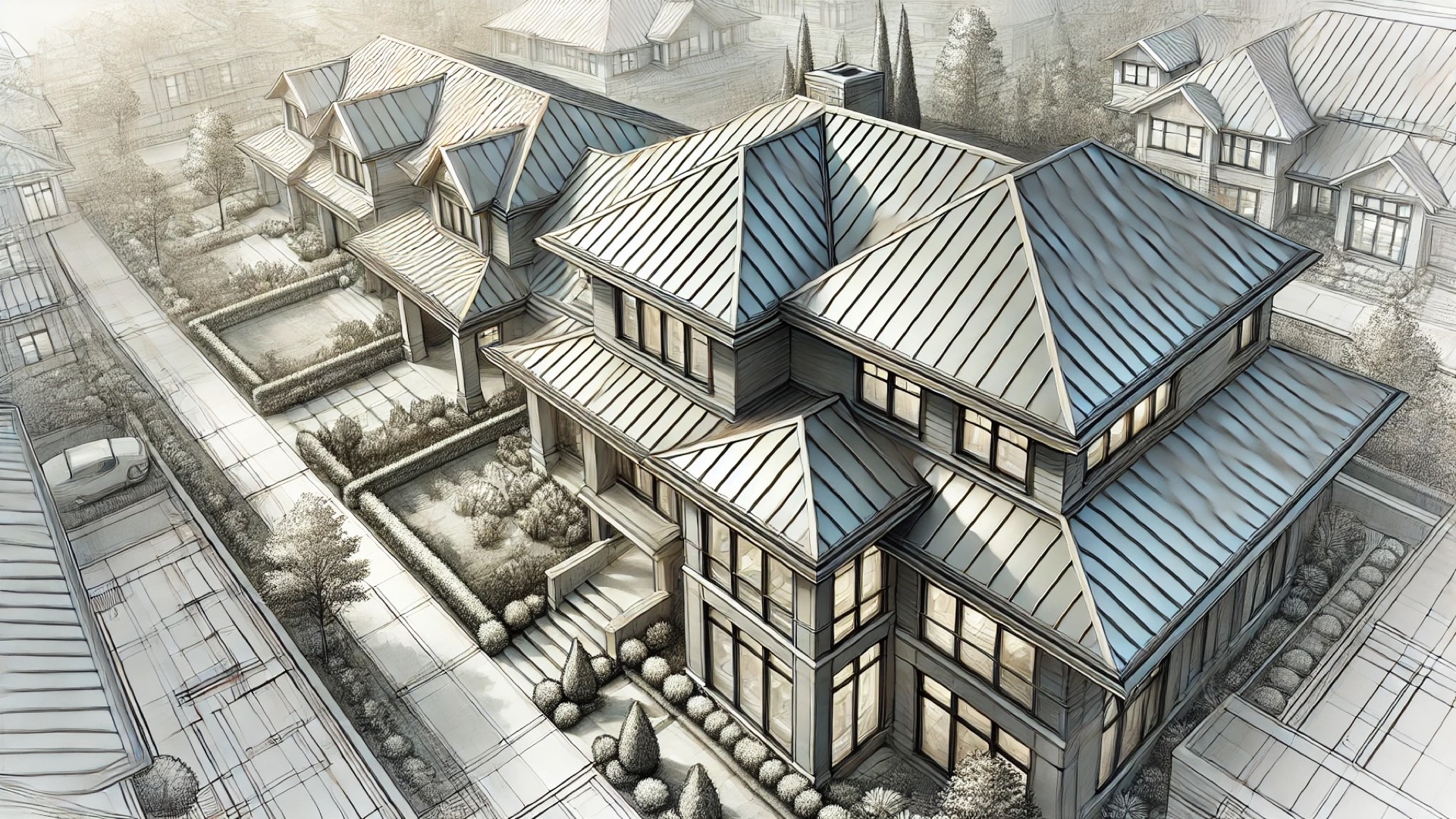 upscale home with standing seam metal roof, highlighting its sleek lines, durability, and refined craftsmanship