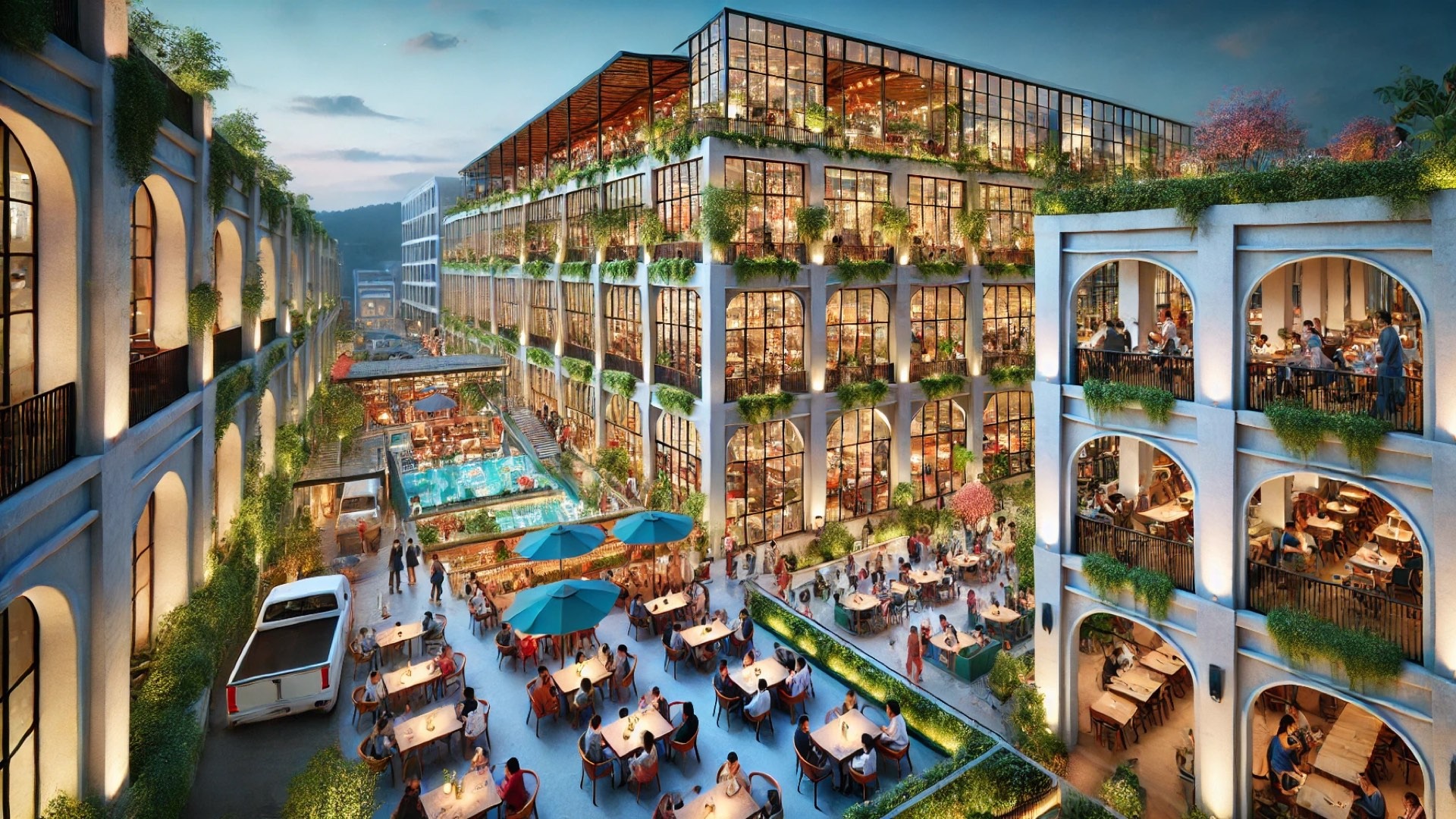 WOFF project, focusing on the lively outdoor dining areas with greenery and evening ambiance