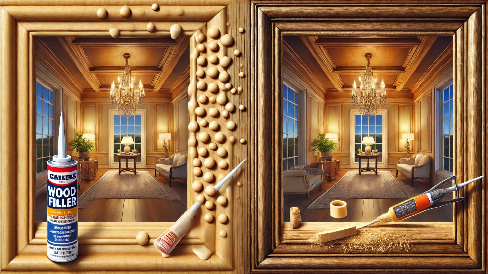 showing the contrast between caulk’s “constellation effect” and the smooth, polished finish of wood filler in upscale trim