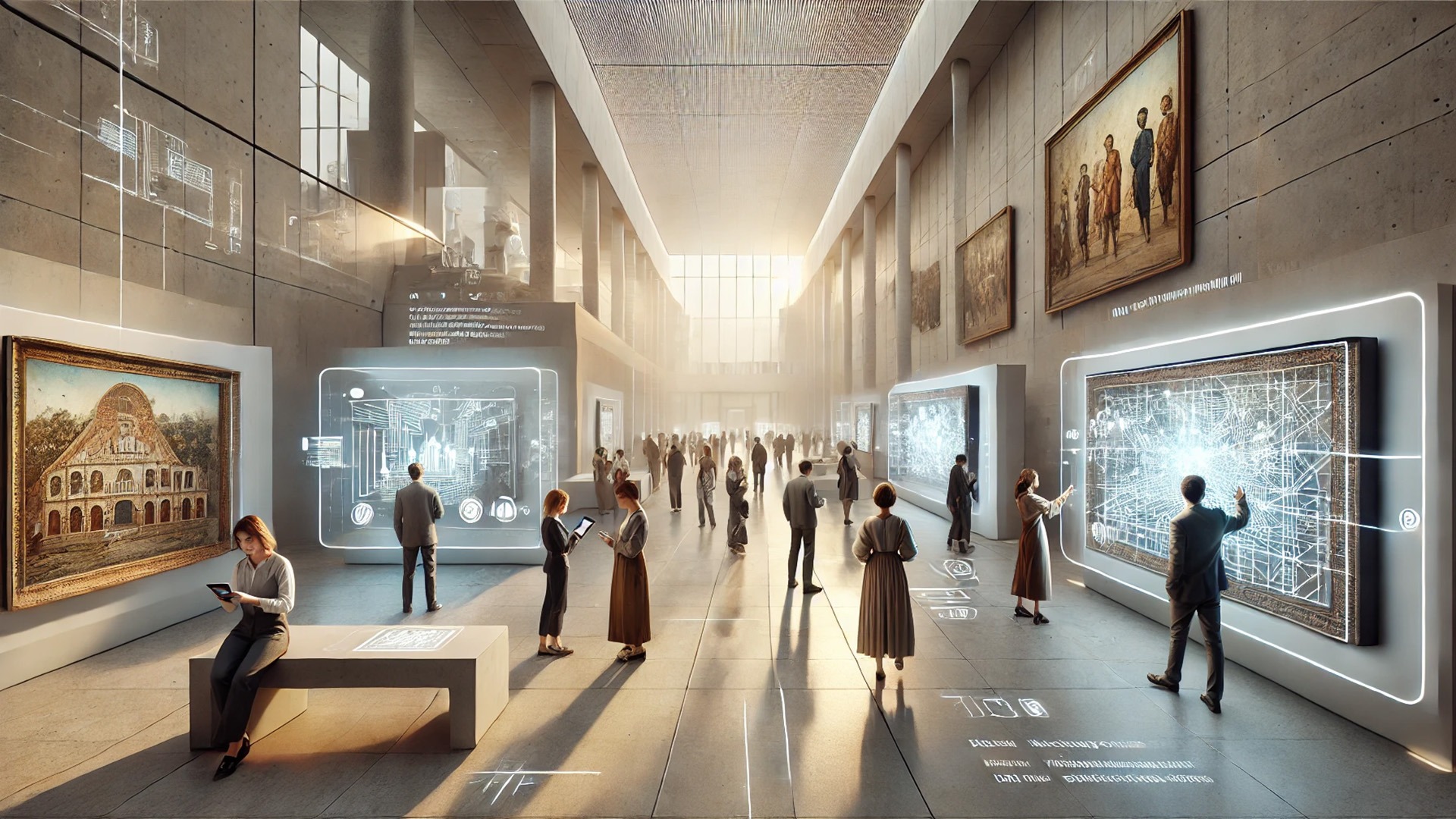 modern, “phygital” museum environment where visitors engage with both traditional and digital art through immersive, interactive displays