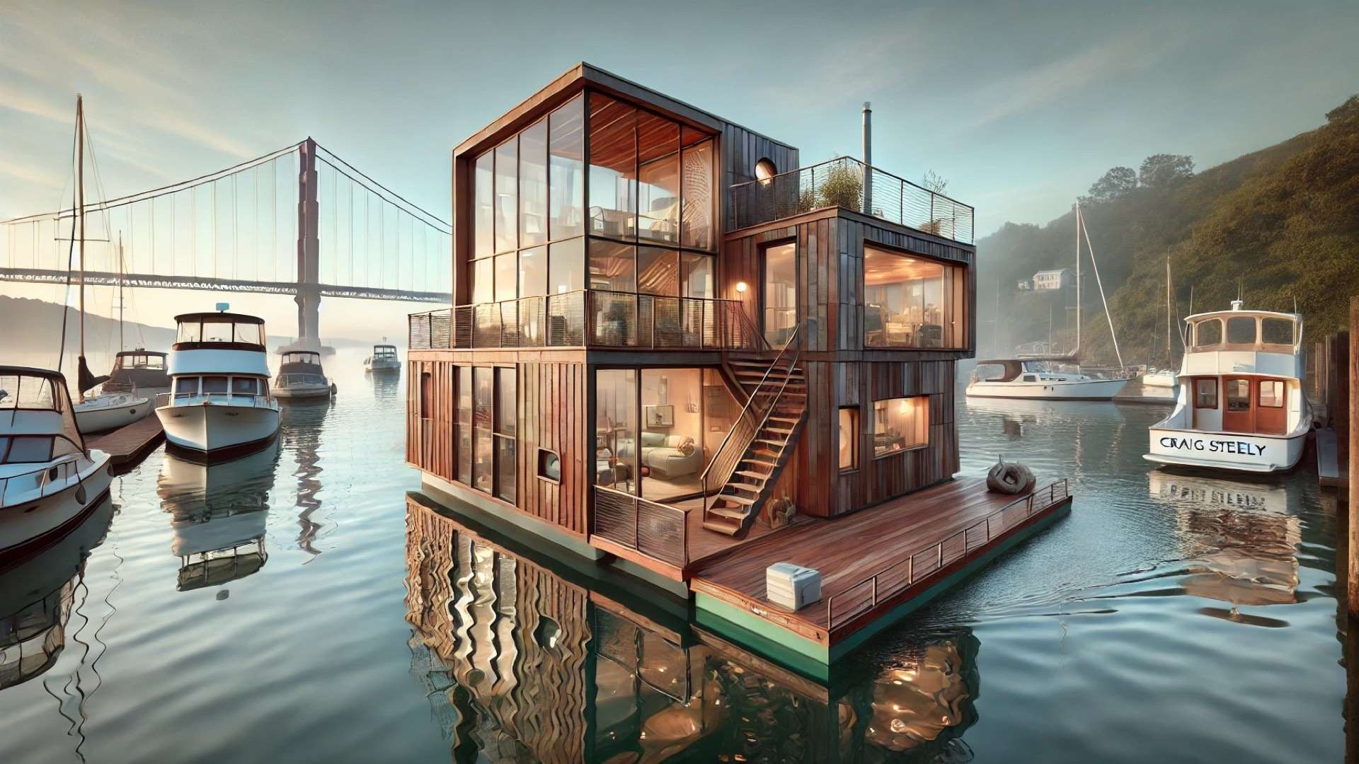 Sausalito Houseboat, highlighting its salvaged redwood cladding, layered modern design, and serene integration with the bay environment