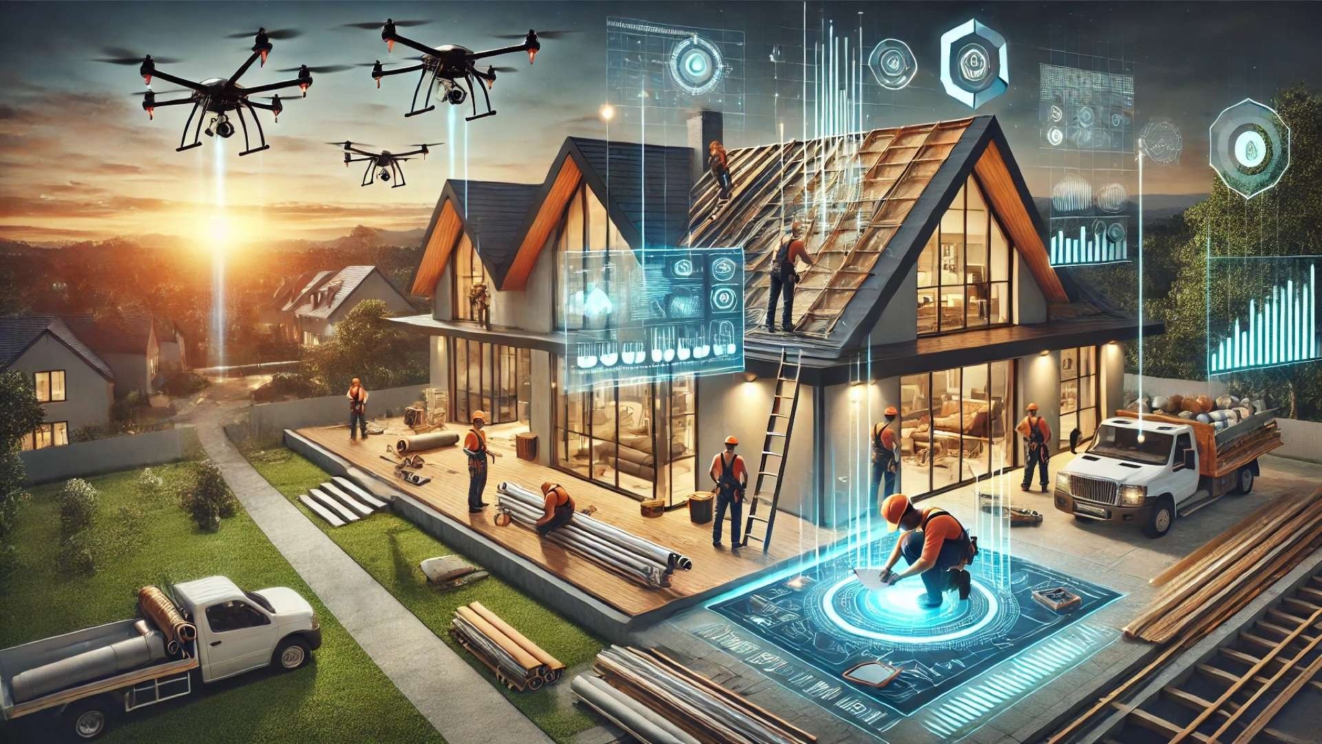 high-tech roofing jobsite showing the integration of craftsmanship, drones, and digital monitoring tools in an elegant residential setting — blending tradition and innovation seamlessly