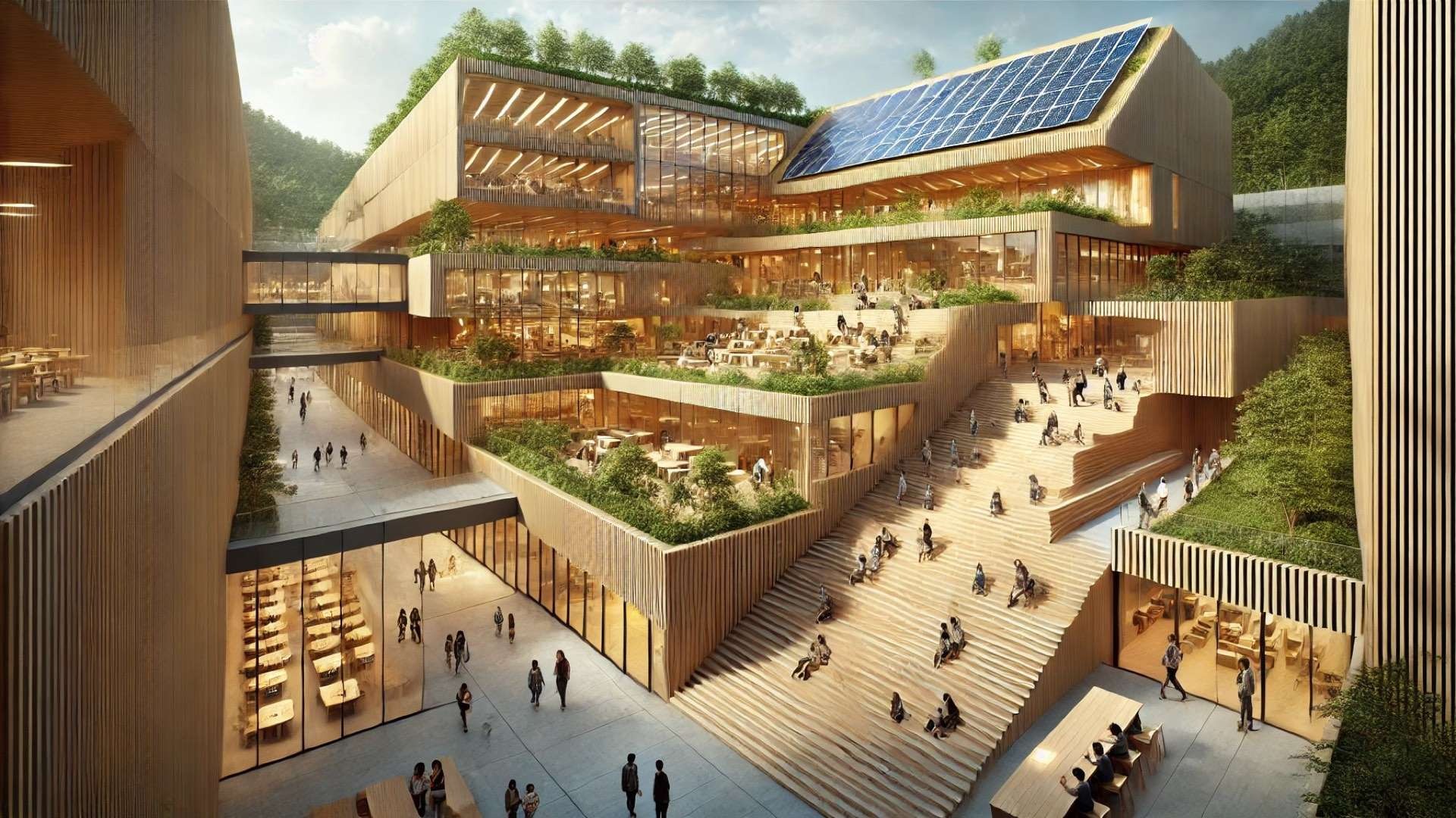 Bloomberg Student Center at Johns Hopkins University — showcasing its stepped timber pavilions, solar-paneled roof, and vibrant campus atmosphere filled with natural light and student activity