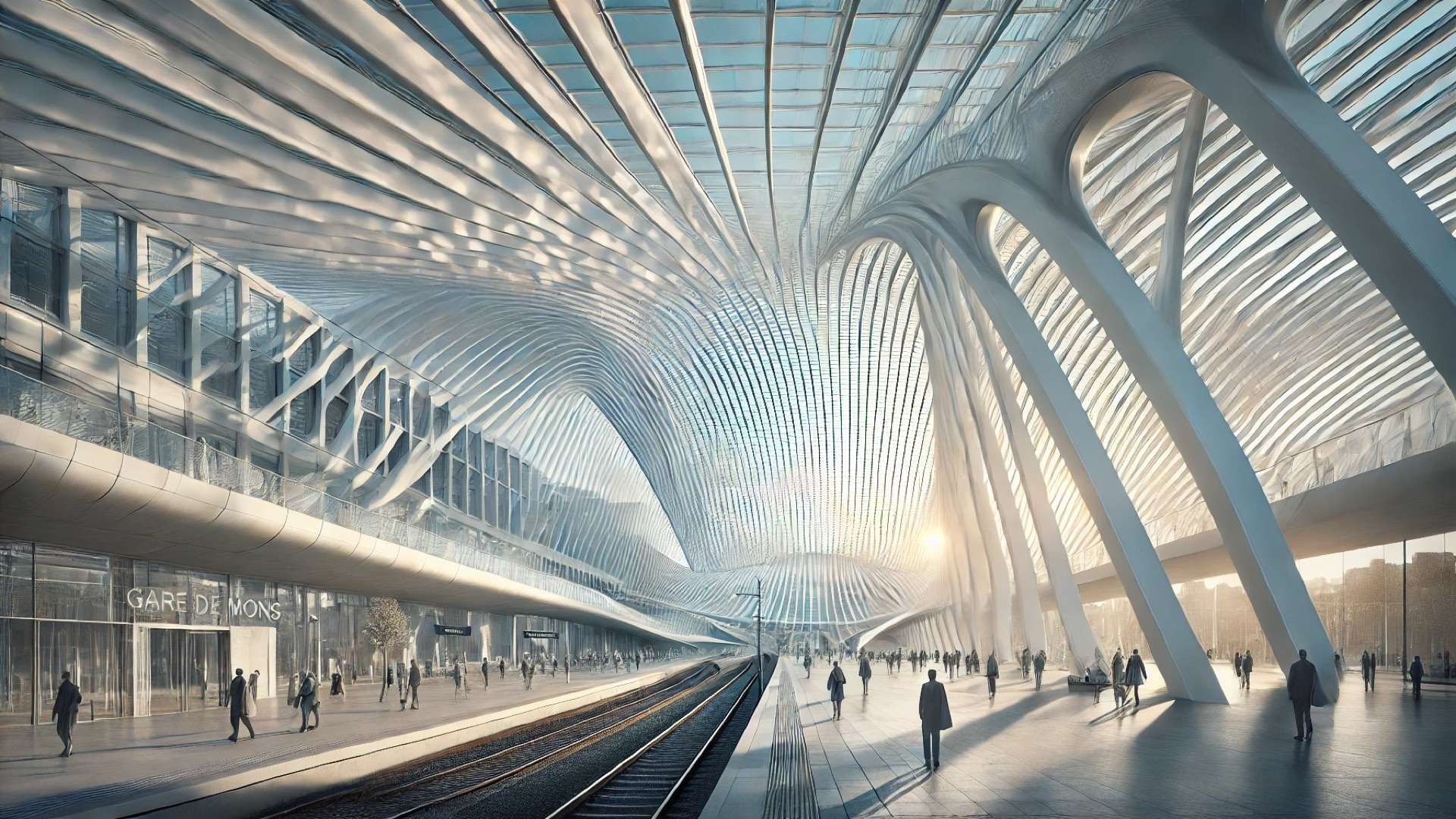 Santiago Calatrava’s Gare de Mons, emphasizing its luminous glass canopy, flowing white steel forms, and the seamless connection between the interior hall and the surrounding cityscape