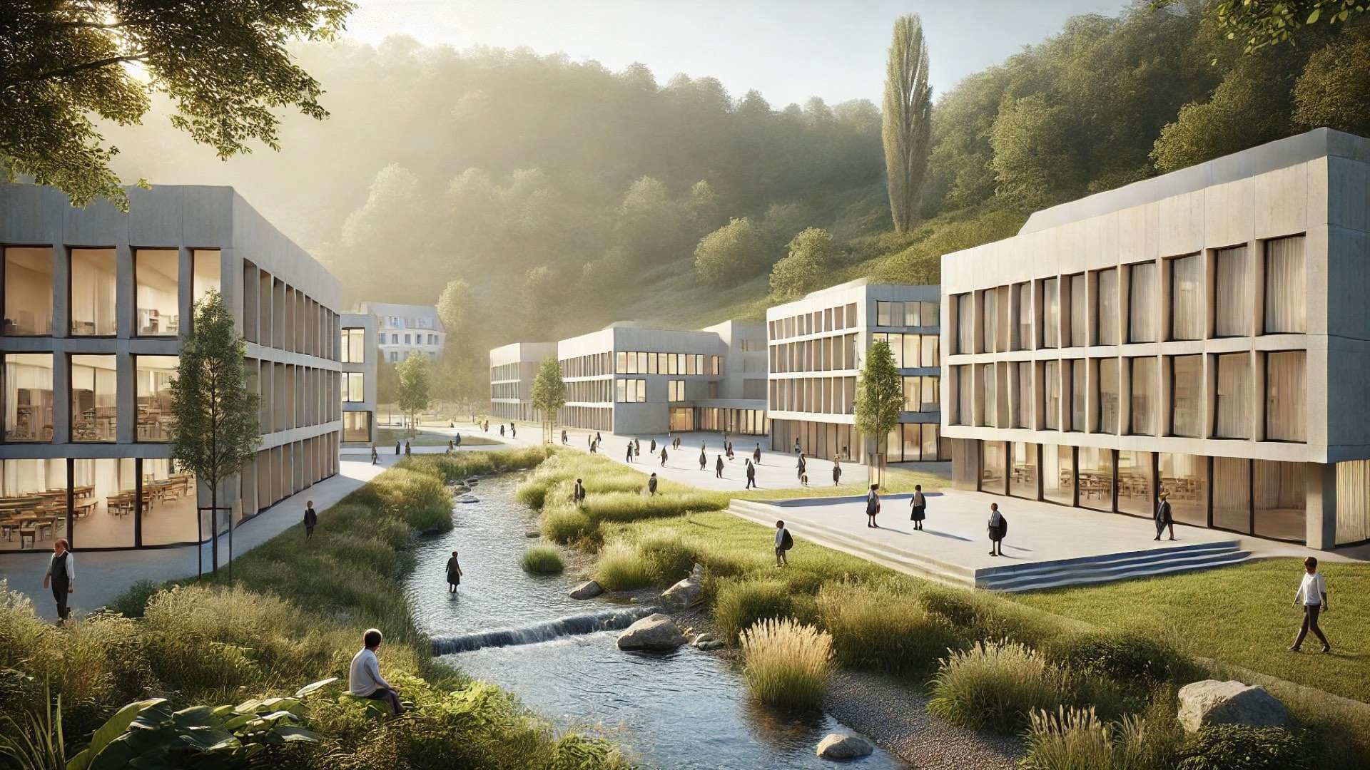 Grentschel School Extension in Lyss, Switzerland, showing its contemporary architecture harmoniously integrated into the lush natural landscape with bright, open courtyards and soft natural light