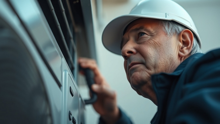 Mature technician thoughtfully inspecting air conditioning unit in soft afternoon light.