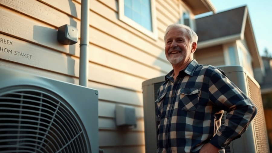 Confident homeowner inspecting HVAC unit outdoors in soft afternoon light.