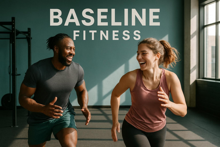 Energetic personal trainer and joyful client at BASELINE FITNESS, showcasing determination.