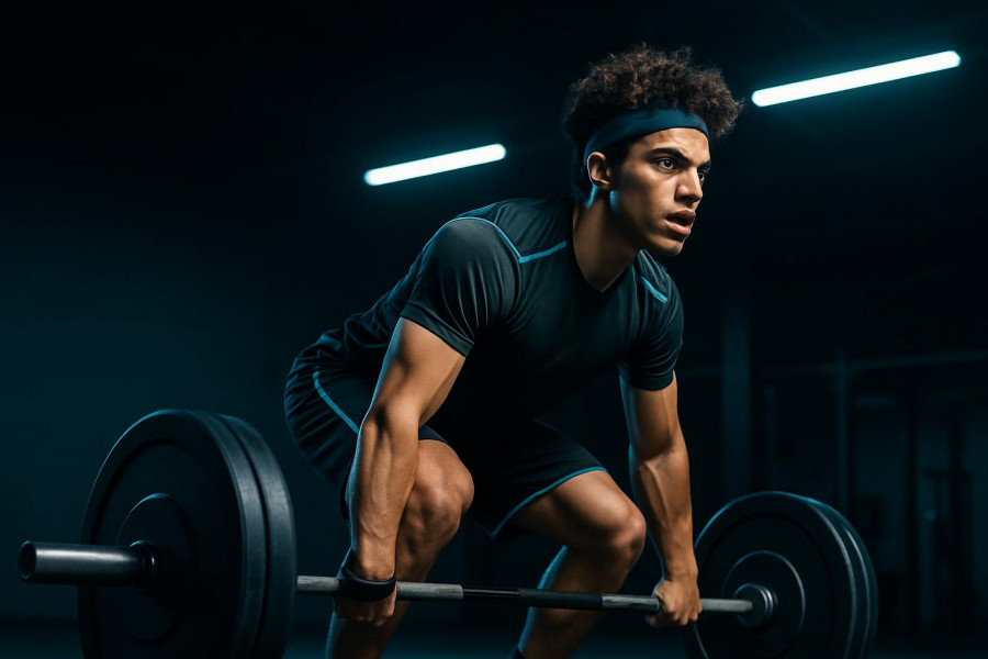 Energetic young athlete lifting weights in a modern gym at night.