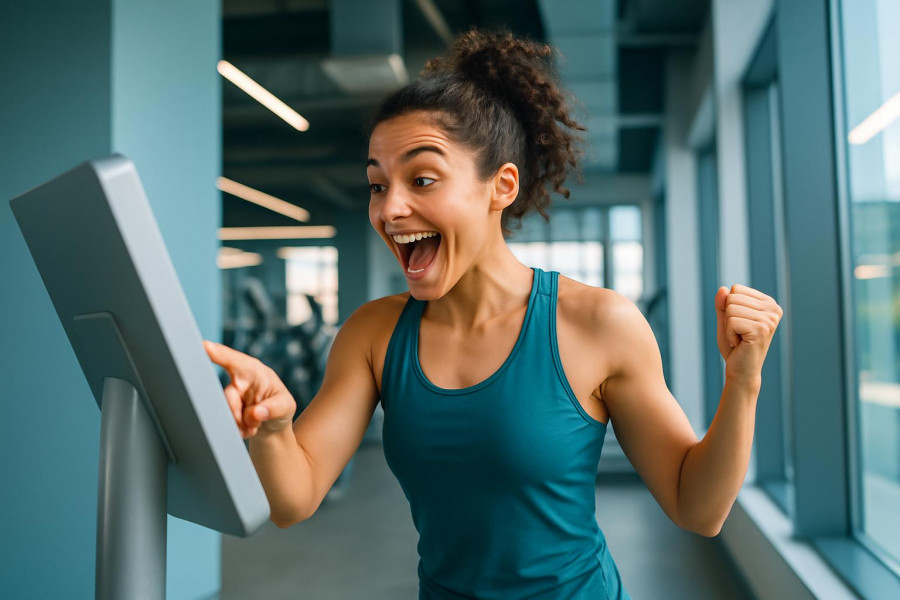 Energetic young person excitedly using a digital check-in kiosk in a modern gym.