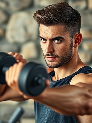 Fit young man showcasing full body strength with dumbbells at home, emphasizing core stability.