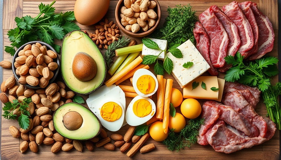 Assorted ketogenic diet foods on a wooden table.