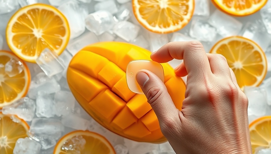 Digital device inspecting mango for food safety on ice.