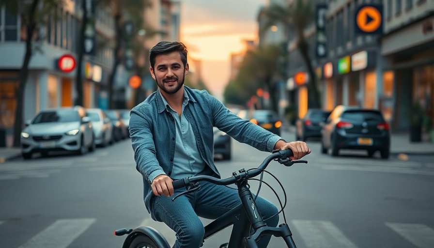 Young man riding an electric bike on city street.