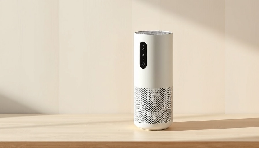 Modern air purifier for asthma relief on wooden surface.
