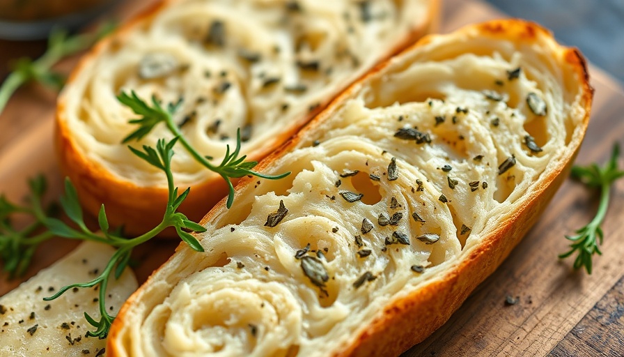 Close-up of sliced garlic bread with herbs, inviting and appetizing scene.