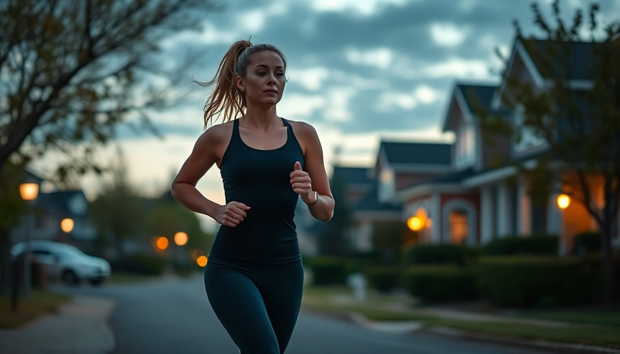 Woman jogging with a digital watch in a suburban area at evening.