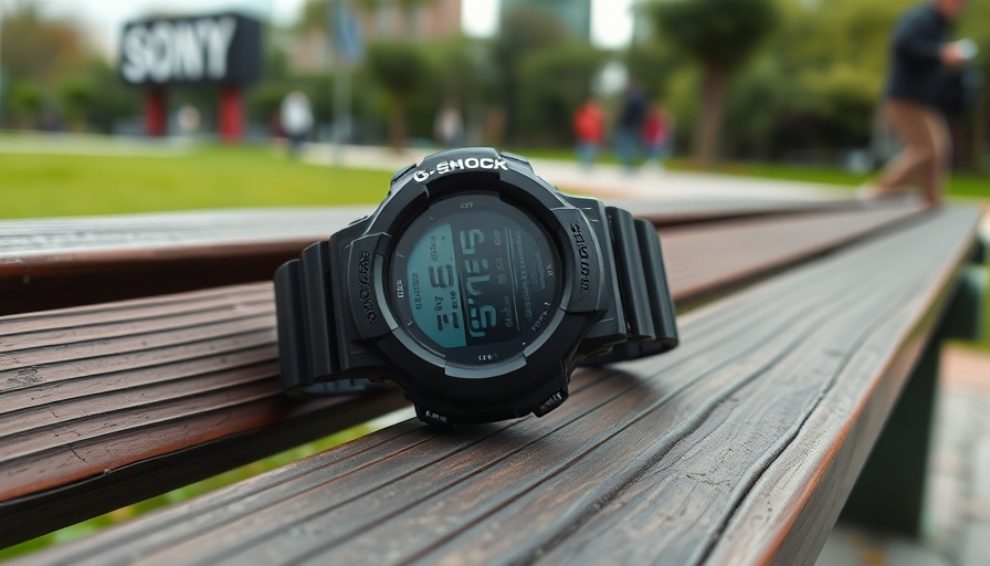 Sony G-SHOCK DW-H5600 watch on a wooden bench in park.