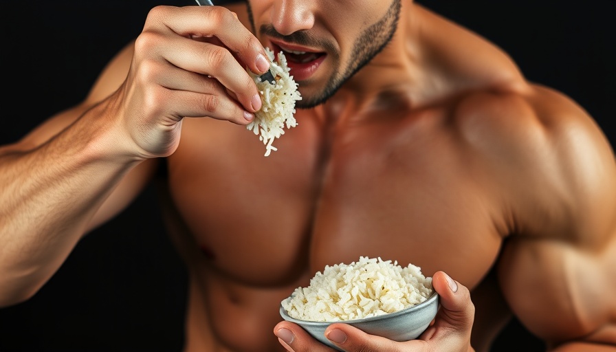 Muscular person eating rice, highlighting carbs before training.