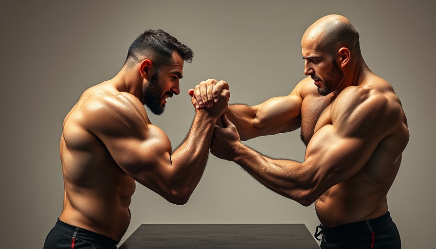 Muscular men arm wrestling in intense training session.