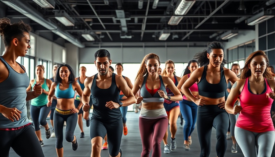 Fitness roundup scene with diverse group at modern gym.