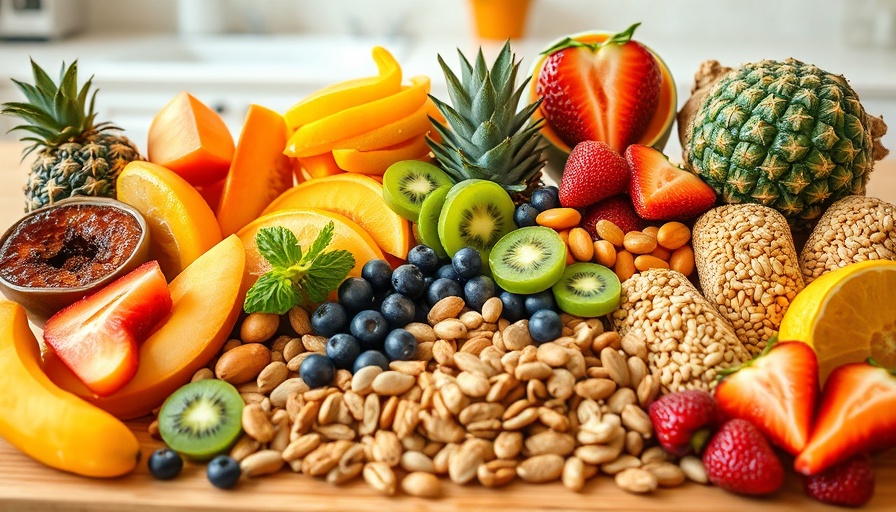 Array of colorful healthy snacks on a table, bright and vibrant.