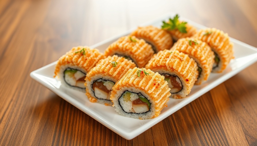 Crispy sushi rolls on white plate, perfect for cheat day indulgence.