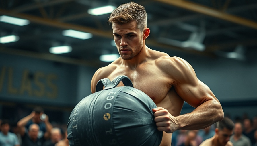 Shirtless athlete lifting sandbag in HYROX racing competition.
