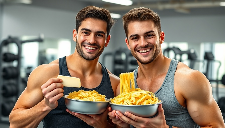 Twin brothers in gym holding pasta and butter, fitness diet theme.